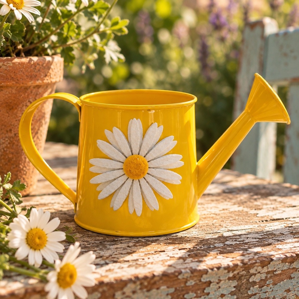 Yellow Metal Watering Can White Daisy Floral Applique Garden Decor Boho Hippy